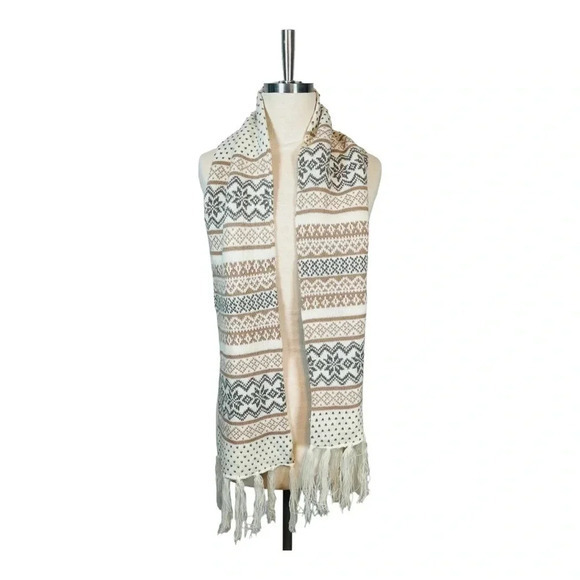 GORGEOUS WINTER SNOWFLAKE SCARF WHITE SILVER GOLD METALLIC FRINGE ONE SIZE - Picture 1 of 6